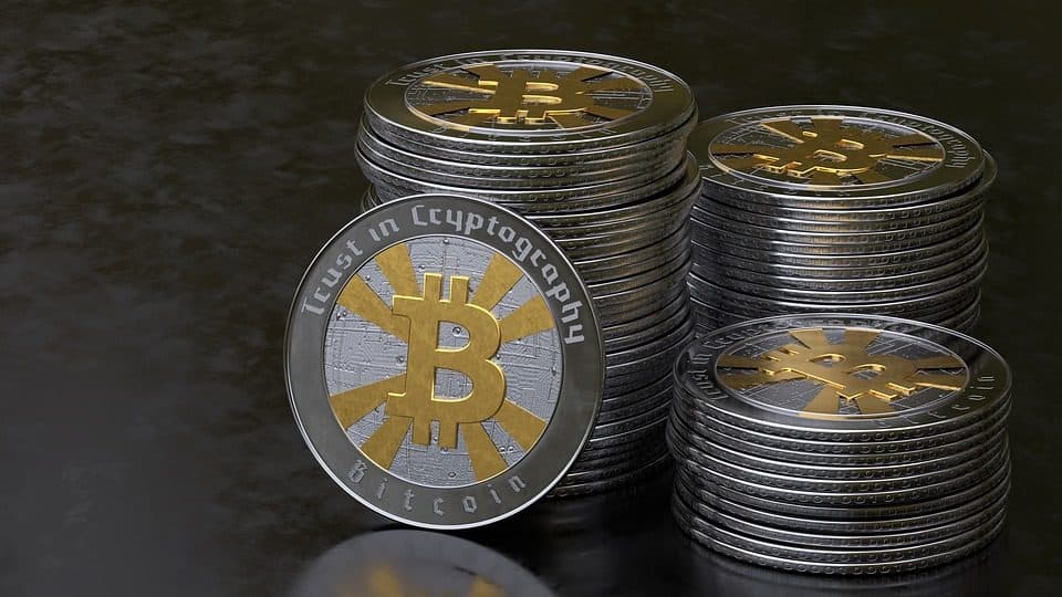 A stack of bitcoin coins